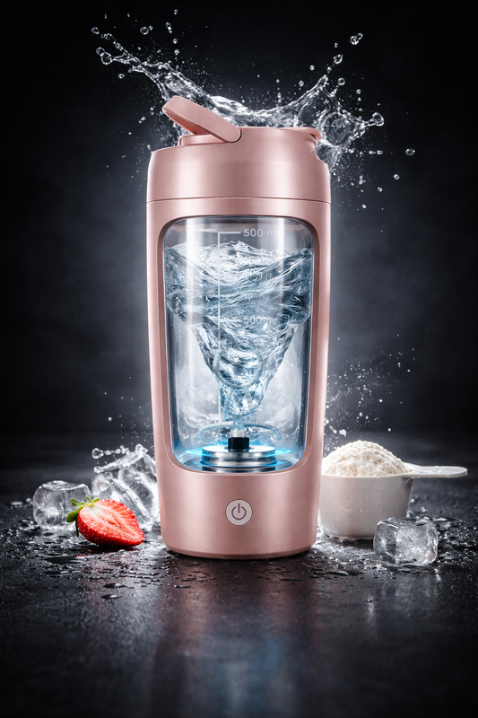 Portable Fully Automatic Shaker Bottle Stirring Cup Rechargeable in black with measuring scale and mixing blade.