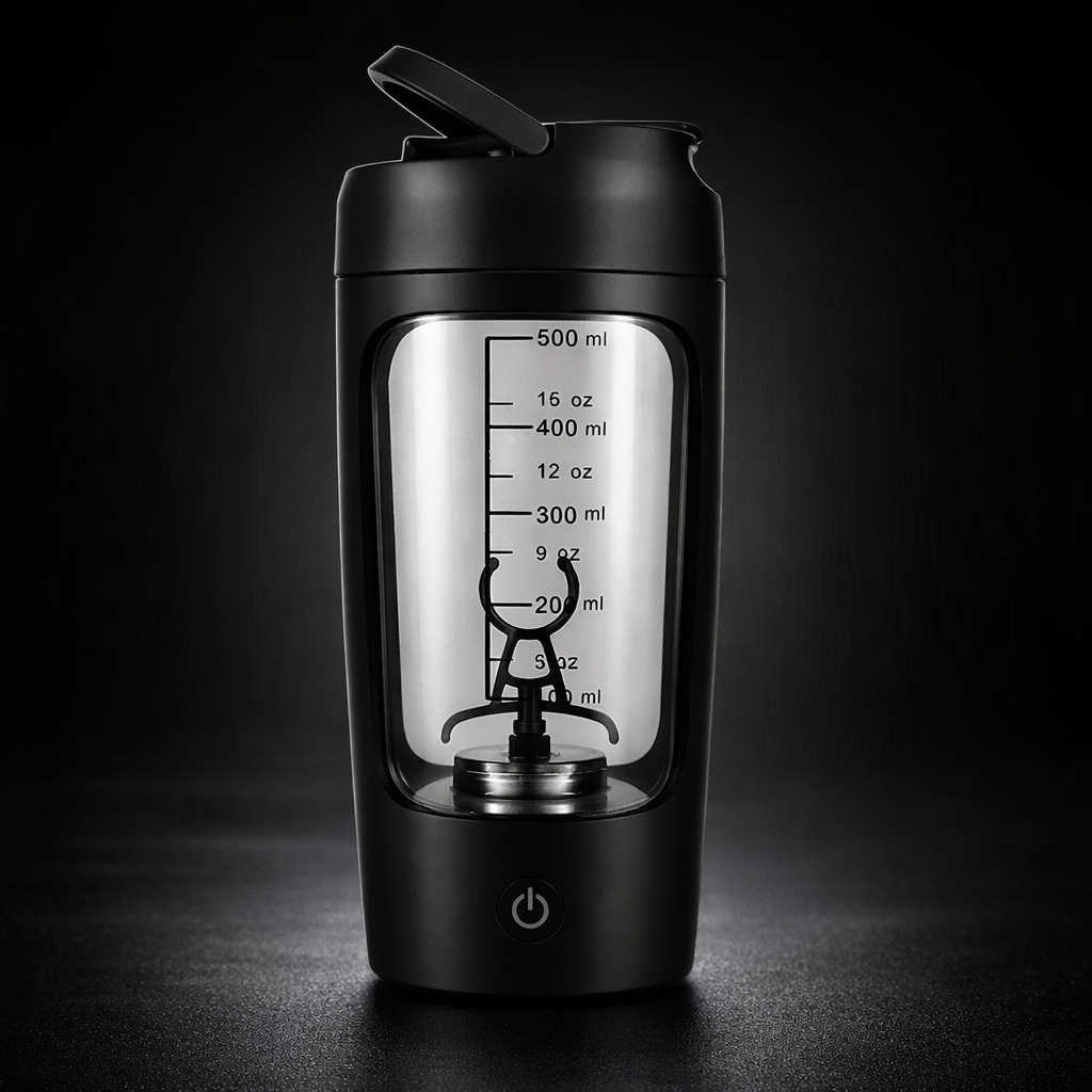 Portable Fully Automatic Shaker Bottle Stirring Cup Rechargeable in black with measuring scale and mixing blade.