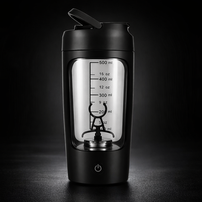 Portable Fully Automatic Shaker Bottle Stirring Cup Rechargeable in black with measuring scale and mixing blade.