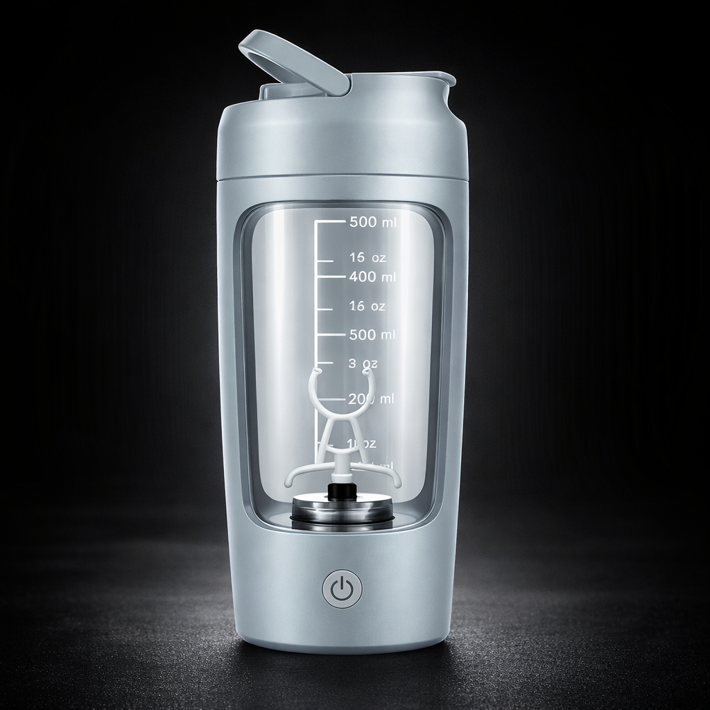 Portable Fully Automatic Shaker Bottle Stirring Cup Rechargeable in black with measuring scale and mixing blade.