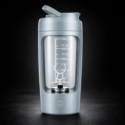 Portable Fully Automatic Shaker Bottle Stirring Cup Rechargeable in black with measuring scale and mixing blade.