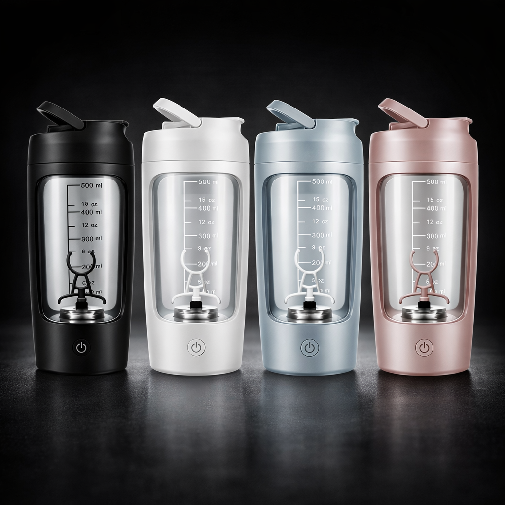 Portable Fully Automatic Shaker Bottle Stirring Cup Rechargeable in black with measuring scale and mixing blade.