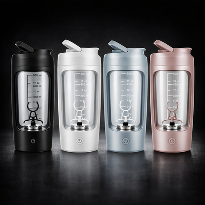 Portable Fully Automatic Shaker Bottle Stirring Cup Rechargeable in black with measuring scale and mixing blade.