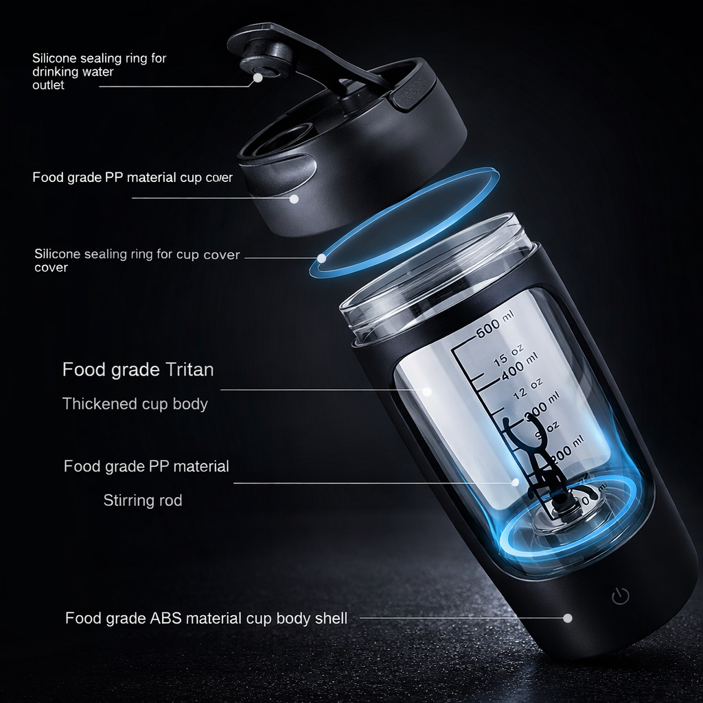 Portable Fully Automatic Shaker Bottle Stirring Cup Rechargeable parts diagram showcasing materials and design features.