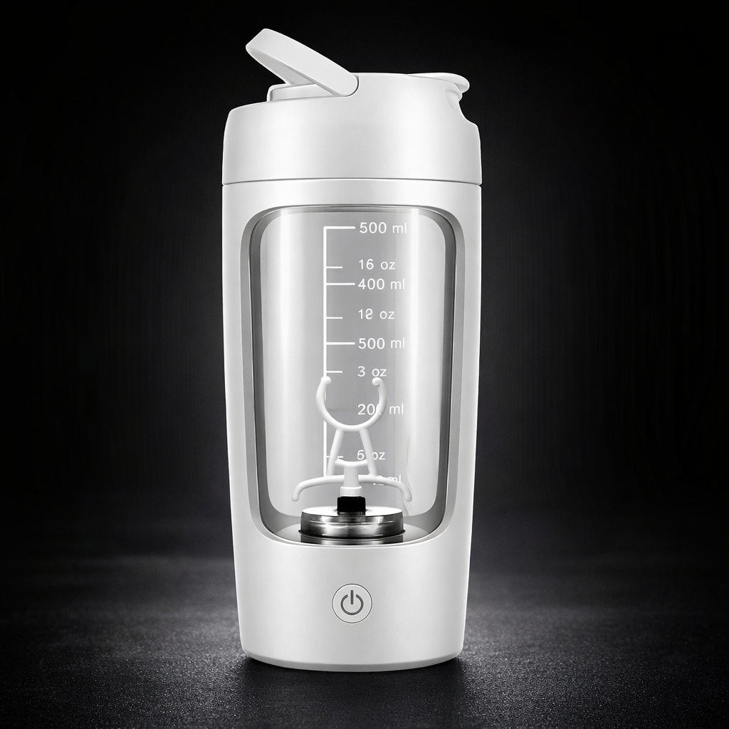 Portable Fully Automatic Shaker Bottle Stirring Cup Rechargeable in black with measuring scale and mixing blade.