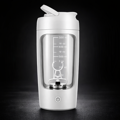 Portable Fully Automatic Shaker Bottle Stirring Cup Rechargeable in black with measuring scale and mixing blade.