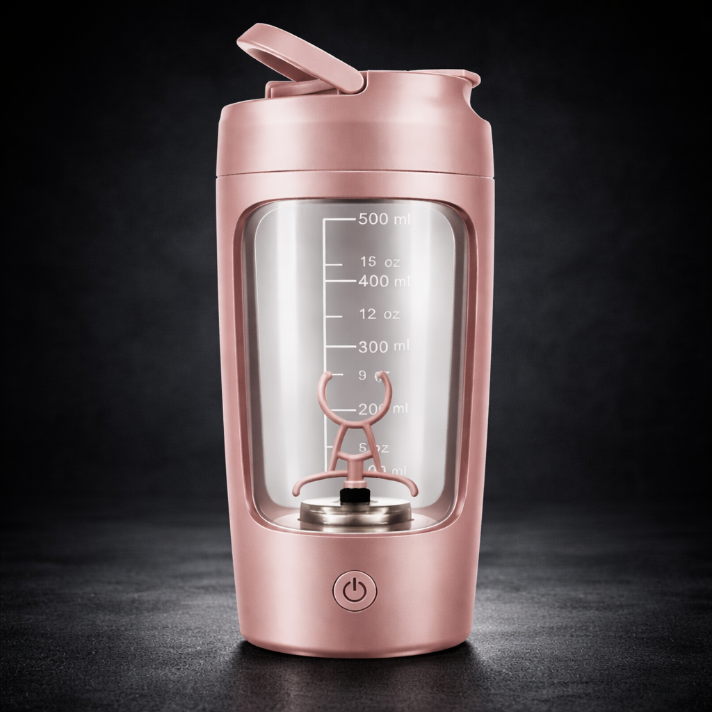 Portable Fully Automatic Shaker Bottle Stirring Cup Rechargeable in black with measuring scale and mixing blade.